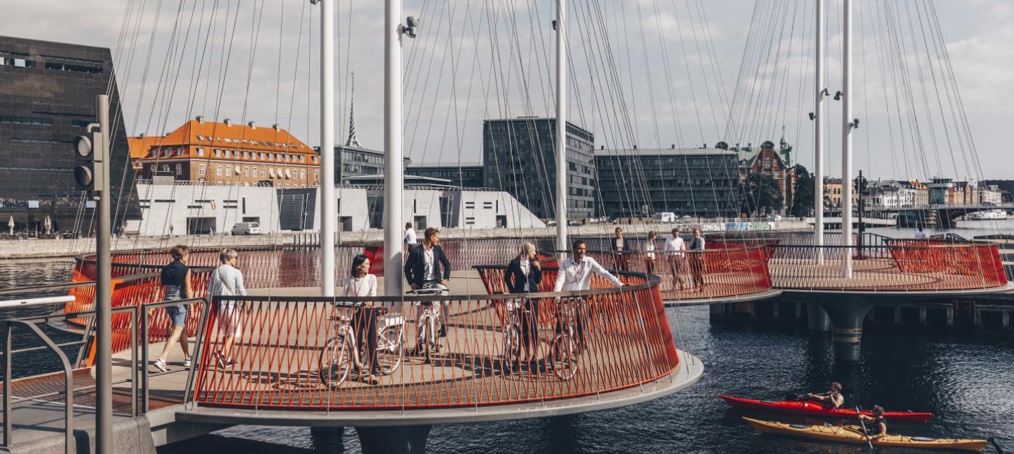 Cyclist in Copenhagen on the Circle bridge, Denmark