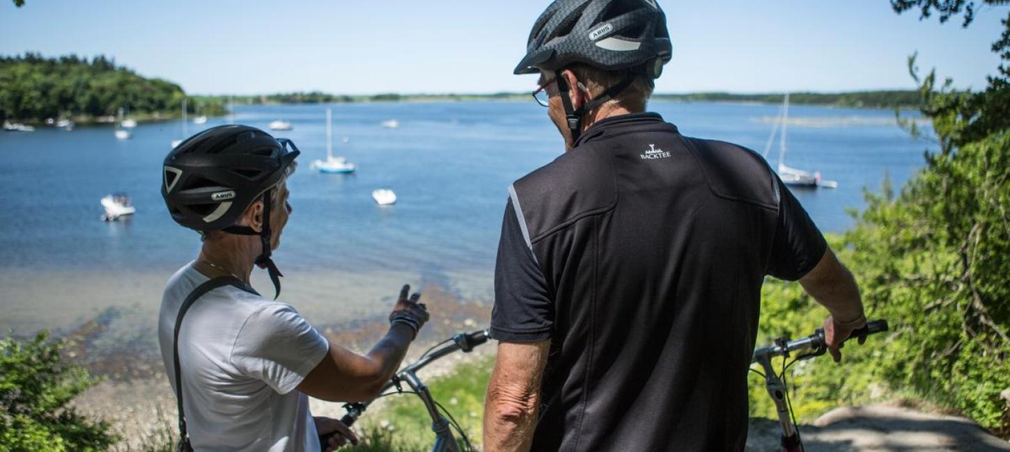Two cyclists enjoy the view of the Roskilde Fjord in the Skjoldungernes Land National Park in Denmark