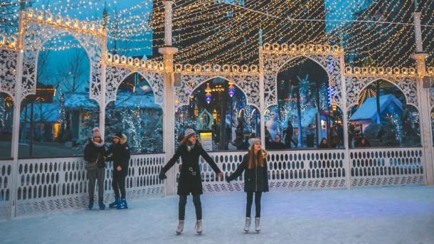Ice skating in front of the magical Nimb Hotel in the iconic Tivoli Gardens