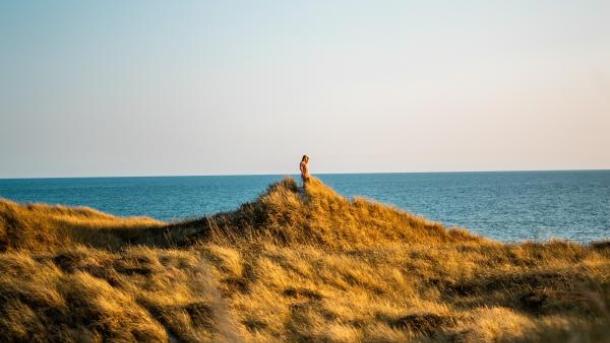 Person standing in dunes at sea near Søndervig, West Jutland