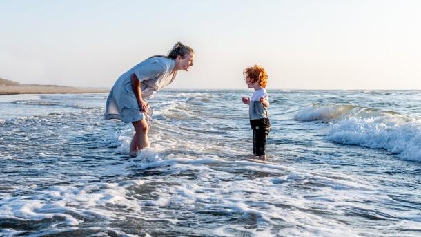 Mother and son at the beach in Blockhus