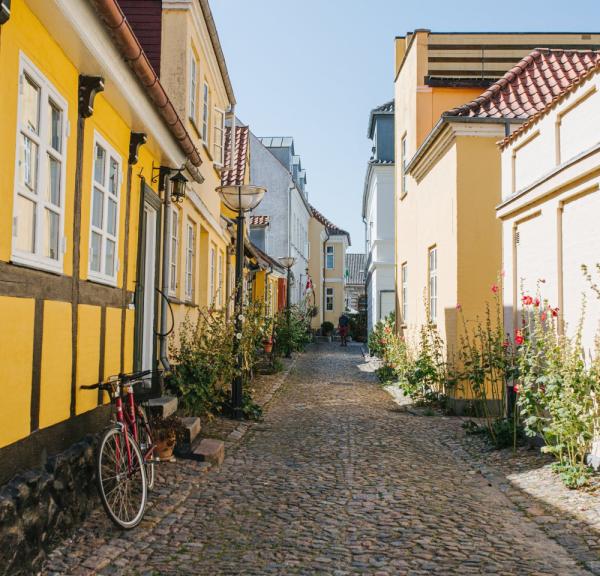 Cobblestone street with colourful houses in Faaborg, Fyn