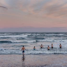 Winter bathers going into the water on a winter morning in Klitmoeller in North Jutland. 
